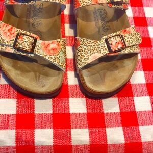 Birkenstock Birki’s Sydney Leopard Print Floral Two Strap Slide Sandals Size 8